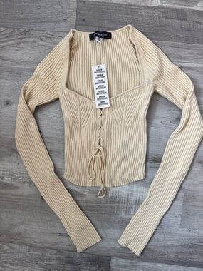 Urban Outfitters Cream Lace-Up Ribbed Long Sleeve Top
